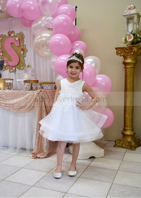 Beaded White Lace Tulle Flower Girl Dress With Horsehair Bands